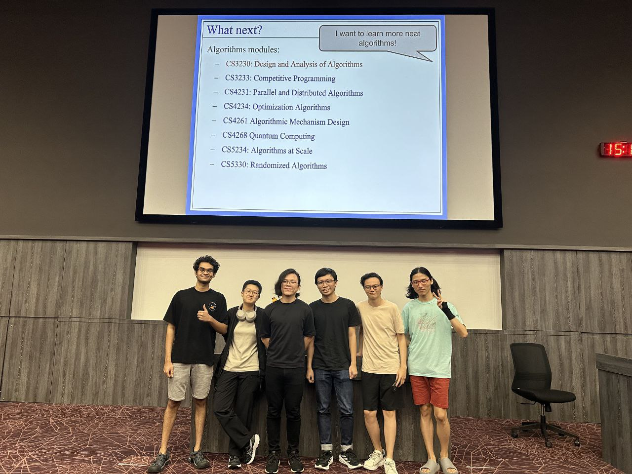 Dr. Eldon with 5 other CS2040S undergraduate tutors attending the last lecture of the semester. He is the third person from the left