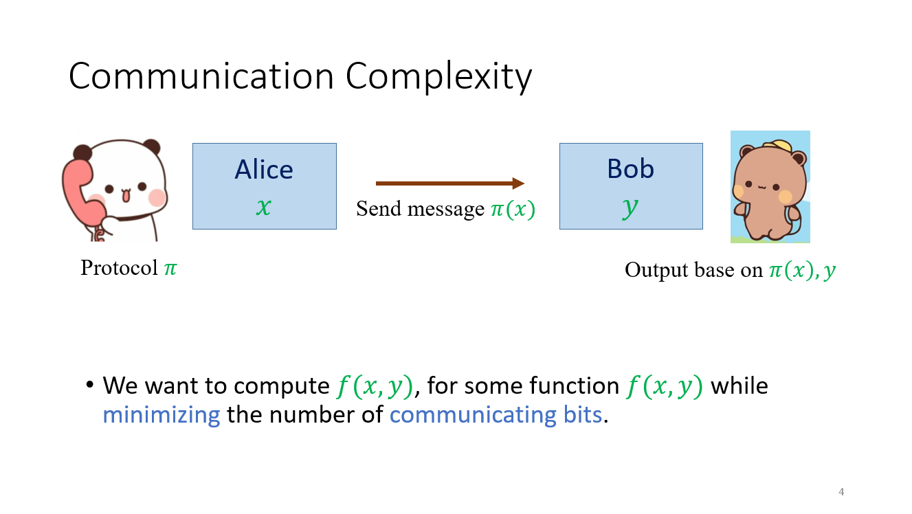 Prof. Yu's slides introducing the communication model, which I find kind of cute.